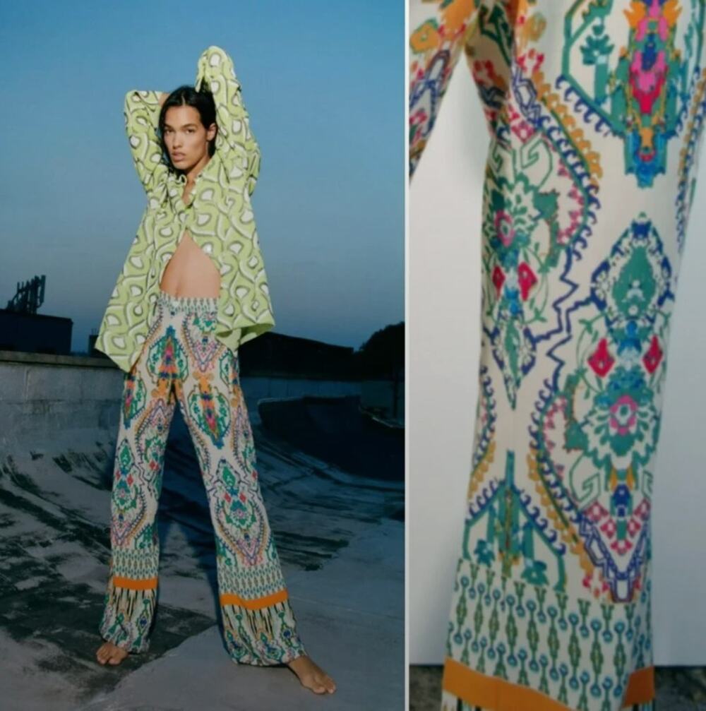 Zara Boho Ikat Vicose Printed Flowy Flare Pants M Medium Viscose Blogger Fave